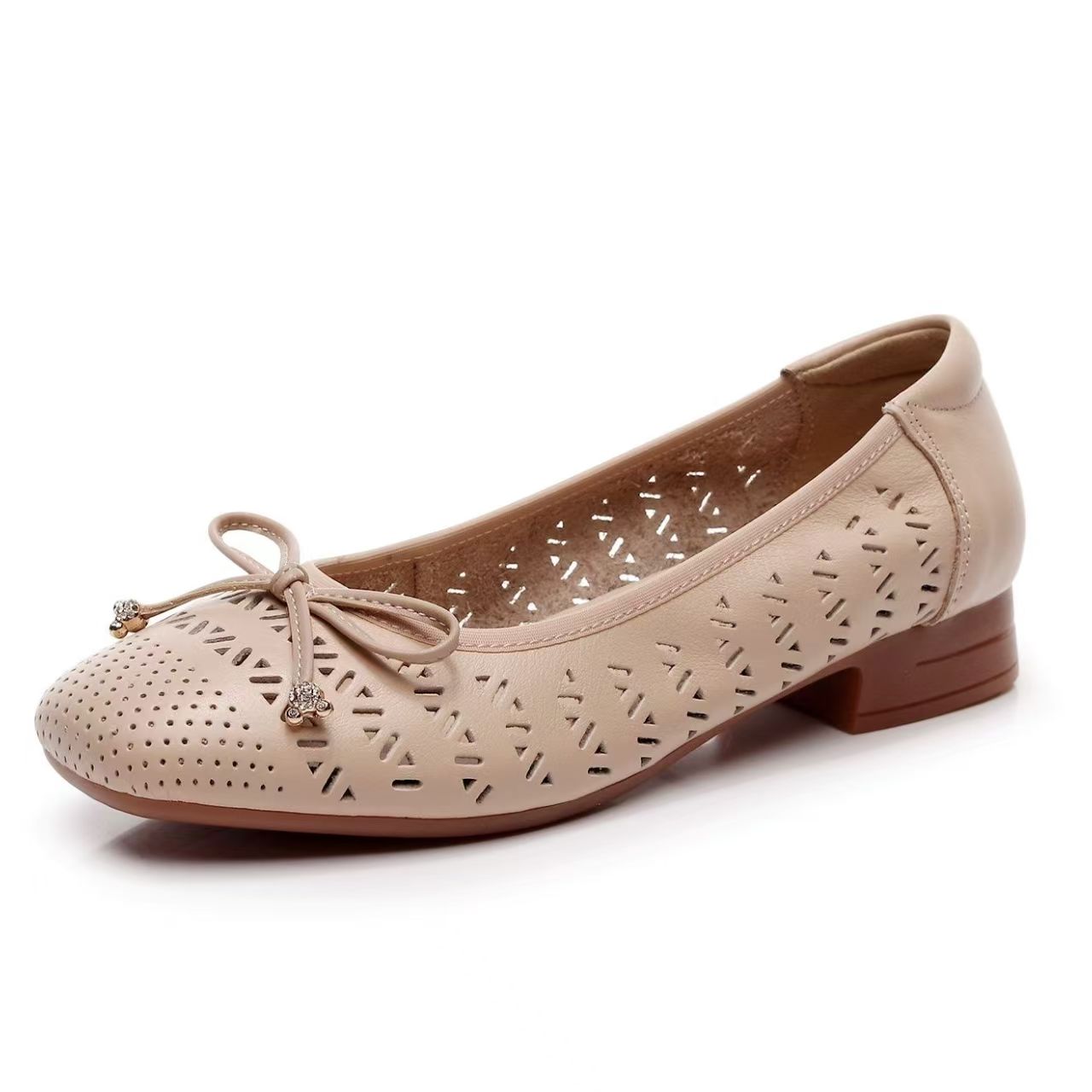 Casual Sandal Leather - Women's Genuine Leather Hollow Bowknot Nude